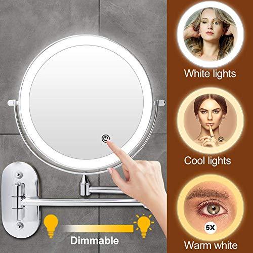 Suuim Wall Mounted Makeup Mirror 5X Magnification Double Sided Folding Led Bathroom Mirror with 3 Color Lights Retractable 360Swivel Illuminated Vanity Mir
