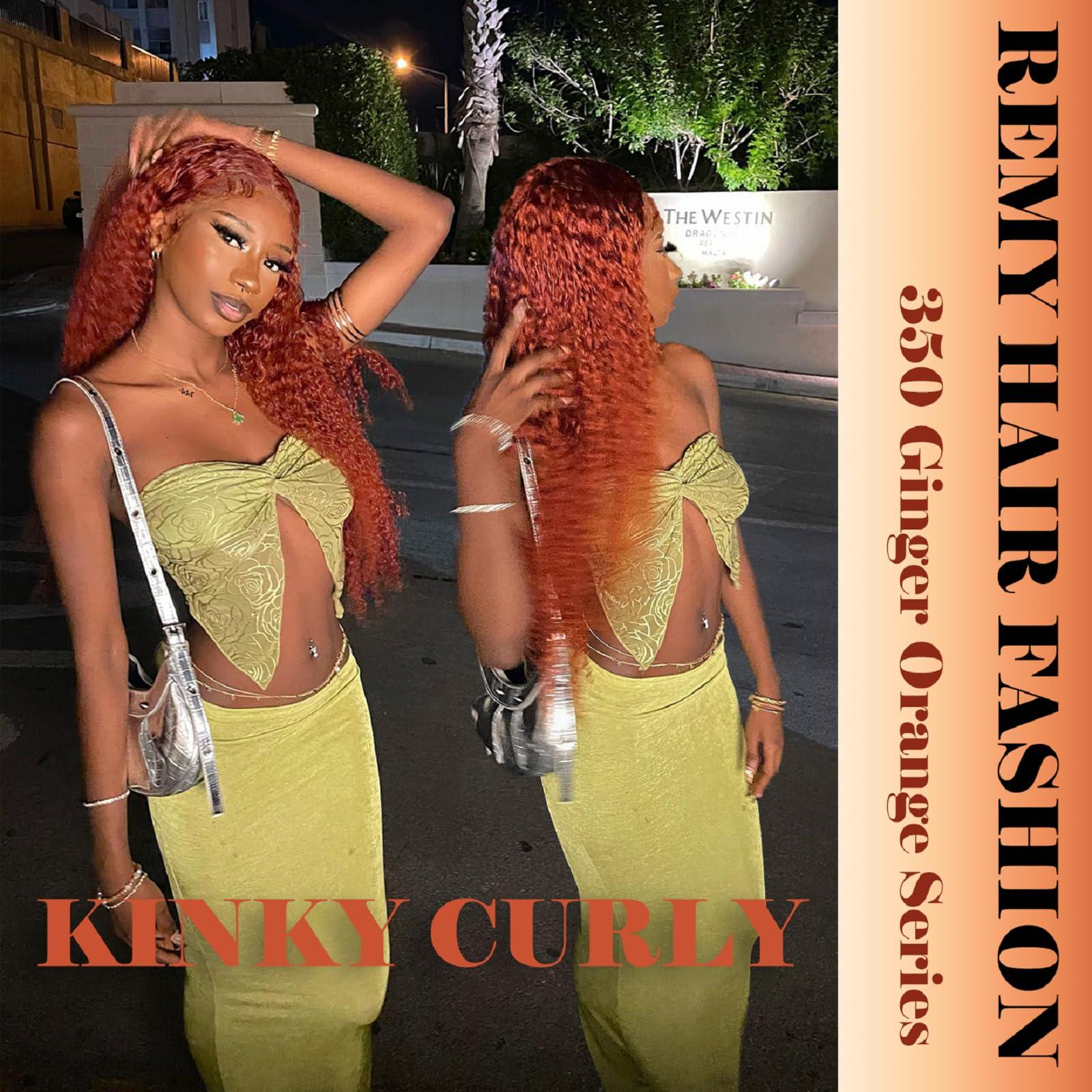 REMY HAIR FASHION REMY HAIR Kinky Curly Human Hair Bundle #350 Ginger Orange Brazilian Curly Hair bundles Curly Weave Hair Extension 22 Inch 1 bundle