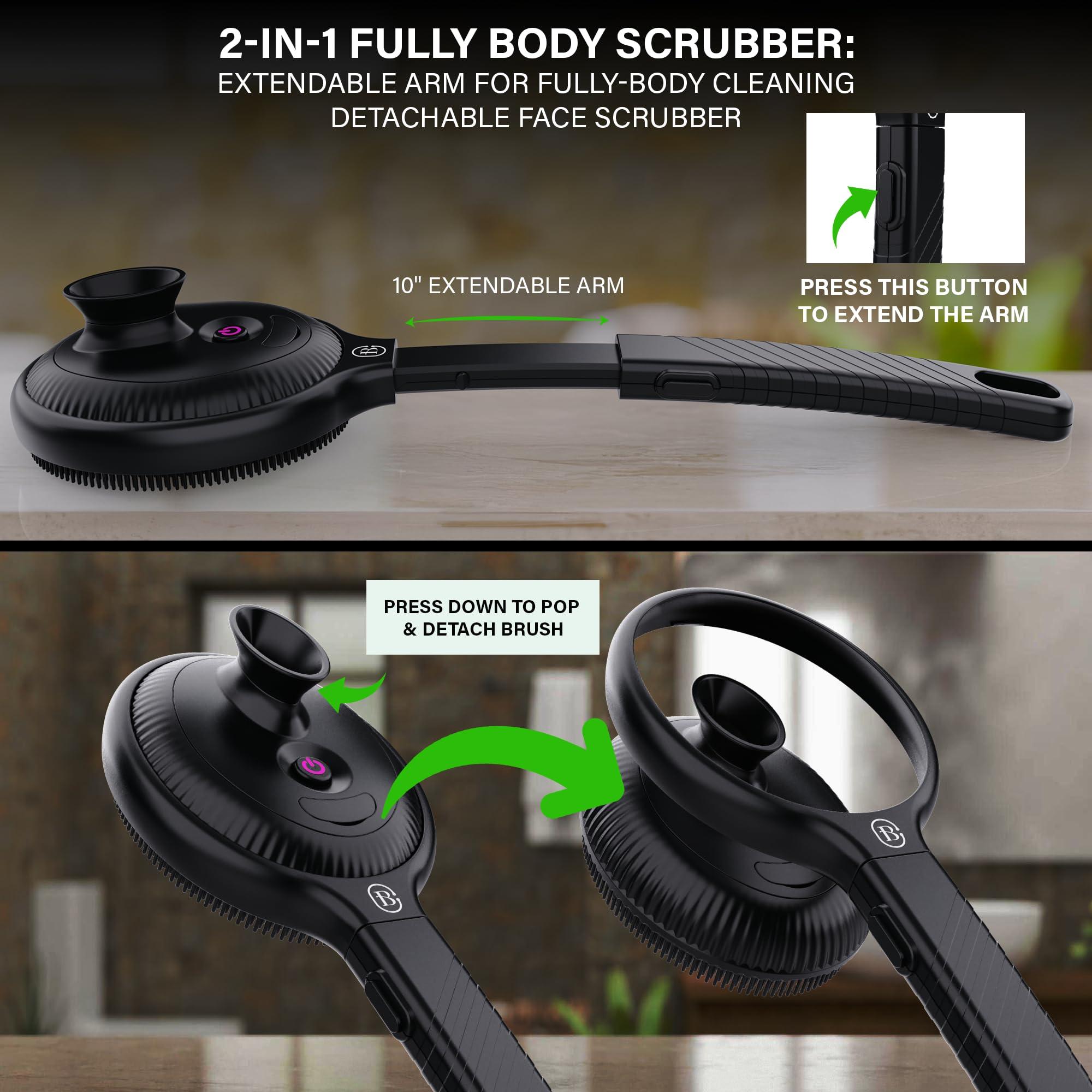 Bella Ciao Bella Ciao Body & Face Electric Vibrating Shower Scrubber, 4 Vibrating Modes, Extendable Handle, Detachable Head Silicone Massage Brush, Waterproof (Black)