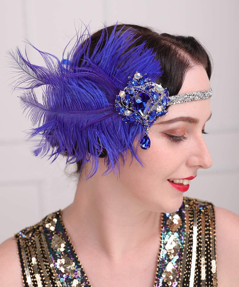 Aimimier Aimimier 1920s Flapper Feather Headband Royal Blue Sapphire Headpiece with Sparkling Crystal Head Chain Masquerade Hair Accessories for Women