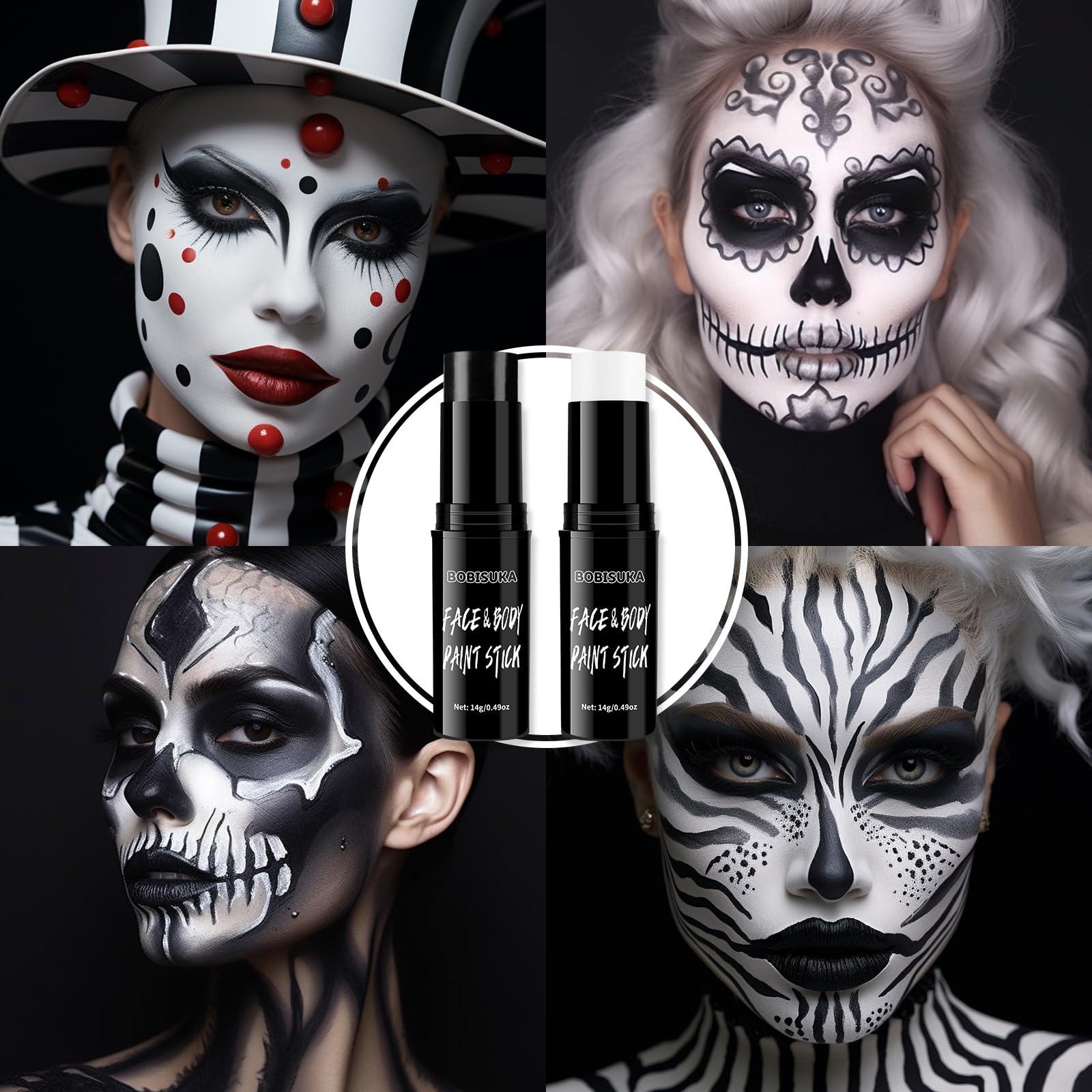 BOBISUKA BOBISUKA Black & White Face Body Paint Stick Eye Black Sticks for Football Sports Water Based Face Painting Kit Quick Drying Foundation Makeup for Halloween Clown Skeleton Vampire Cosplay SFX Costume