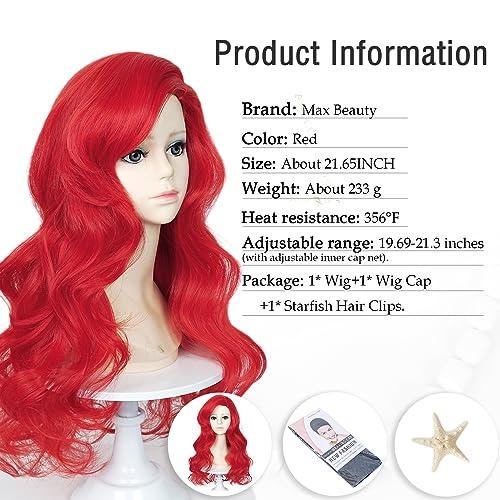 LABEAUT LABEAUT Max Beauty Red Mermaid Wigs Long Curly Daily Wig Hair Heat Resistant Synthetic Fiber for Halloween for Cosplay for Christmas (Red Kids + Hairpin)