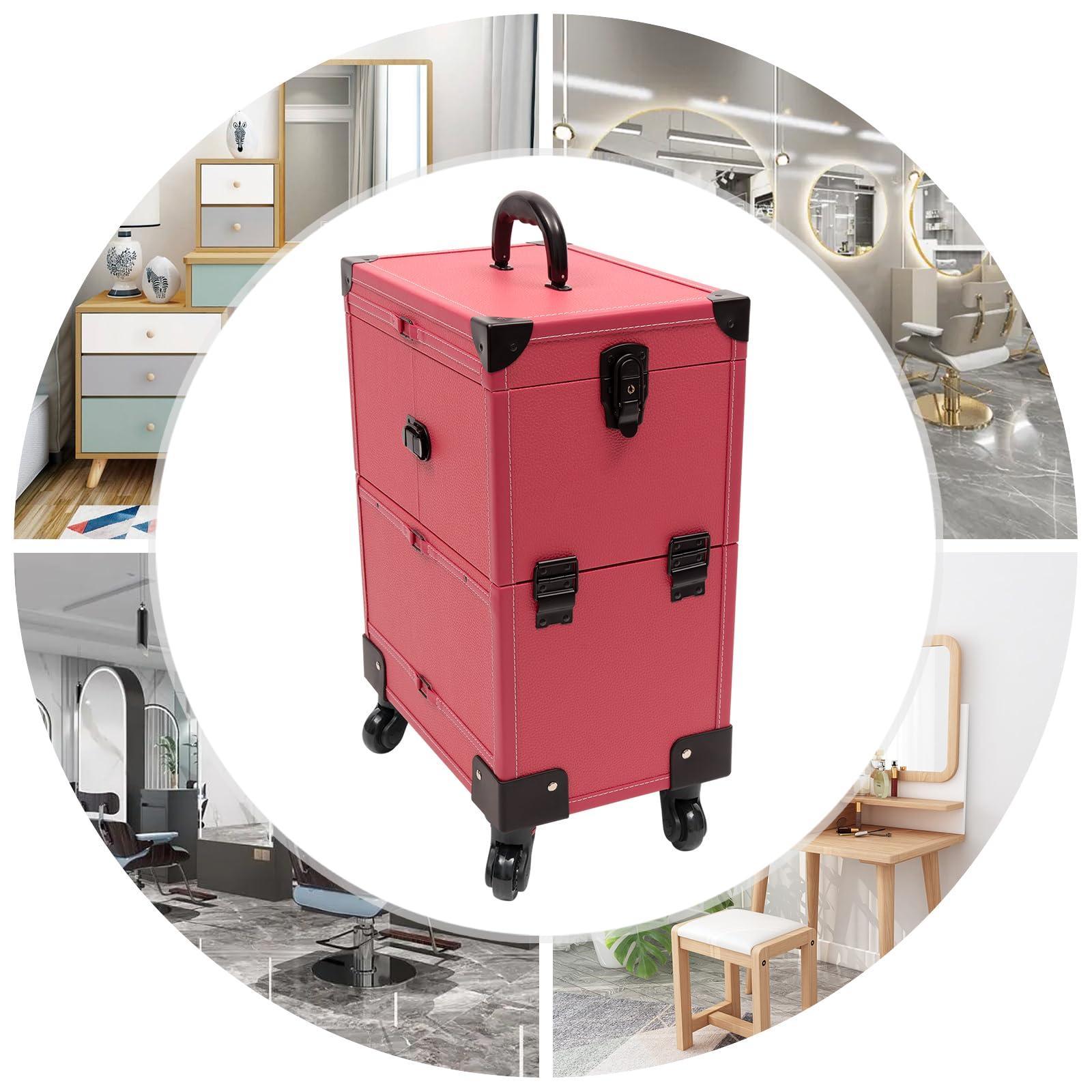 NOLANTISI NOLANTISI Makeup Rolling Train Case with Hairdryer Holder, Professional Cosmetic Case Hair Salon Trolley Stylist Beauty Station Travel Organizer Lockable Box with Hair Roller Holder (Rose)