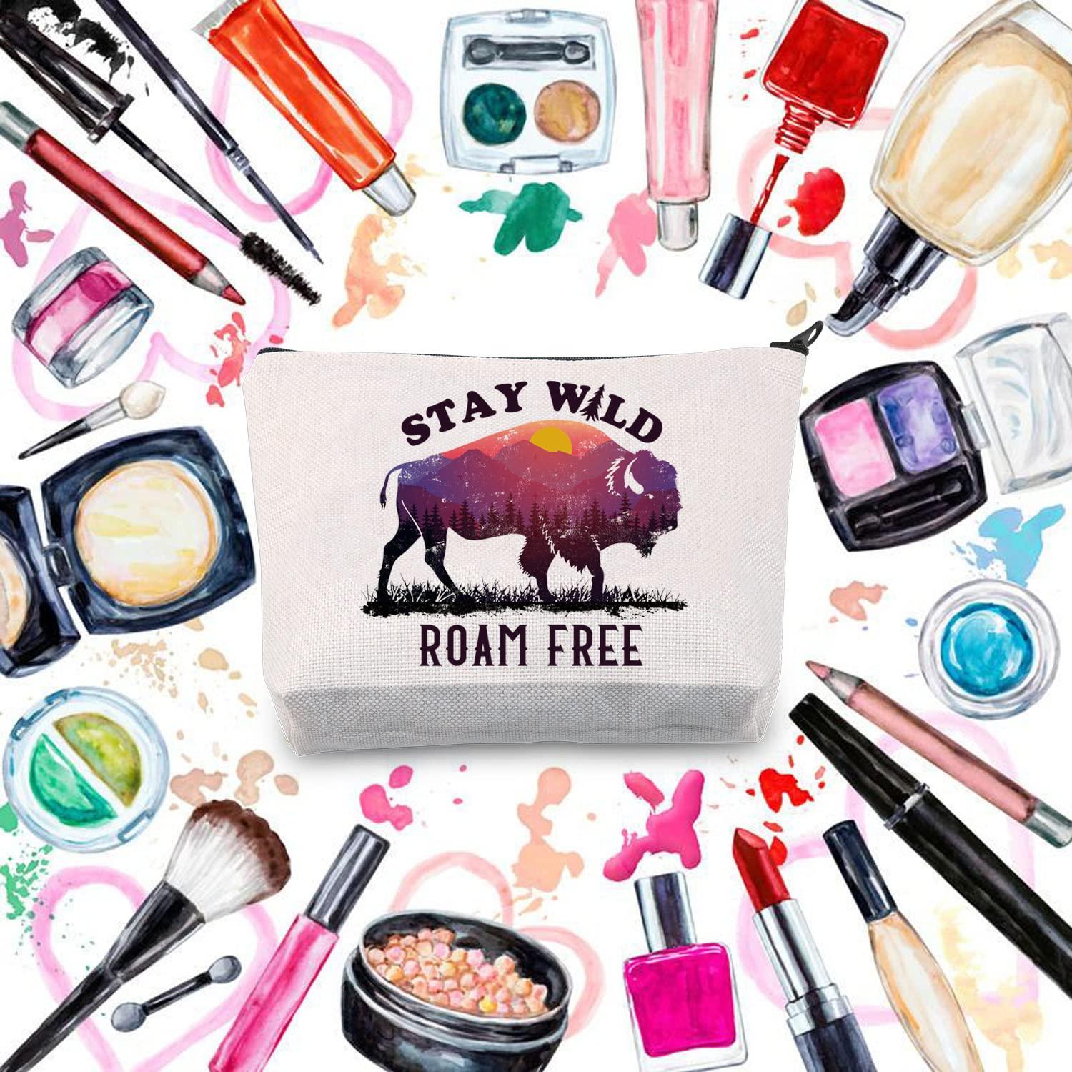BDPWSS BDPWSS Buffalo Gift Bison Themed Gift Stay Wild Roam Free Buffalo Lover Makeup Bag Wild West Gift Nature Lover Gift (Stay roam free)