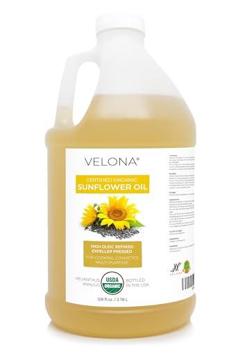 velona velona USDA Certified Organic Sunflower Oil - 1 Gallon / 128 Fl Oz | 100% Pure and Natural Carrier Oil | High Oleic, Refined, Cold Pressed