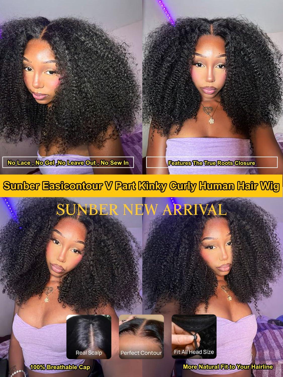 Sunber Sunber EasiContour V Part Wigs Human Hair Kinky Curly Upgrade Glueless U Part Human Hair Wig V Part Kinky Curly No Leave Out No Gel Beginner Friendly Clip in Vpart Wig 150% Density 14Inch