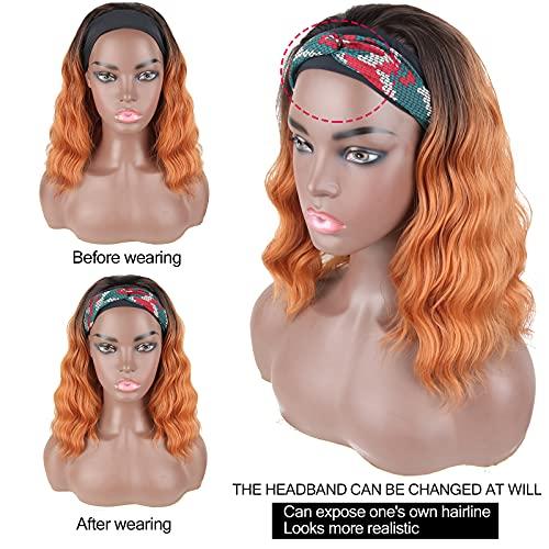 Oseti Oseti Short Wavy Bob Wig Headband Wigs for Black Women,Synthetic Curly Wavy Wigs with Headband Attached Black Hair Wig Headwrap Wigs 2in1 Natural Womens Wigs 14inch Medium Length Wig… (Ombre Ginger)