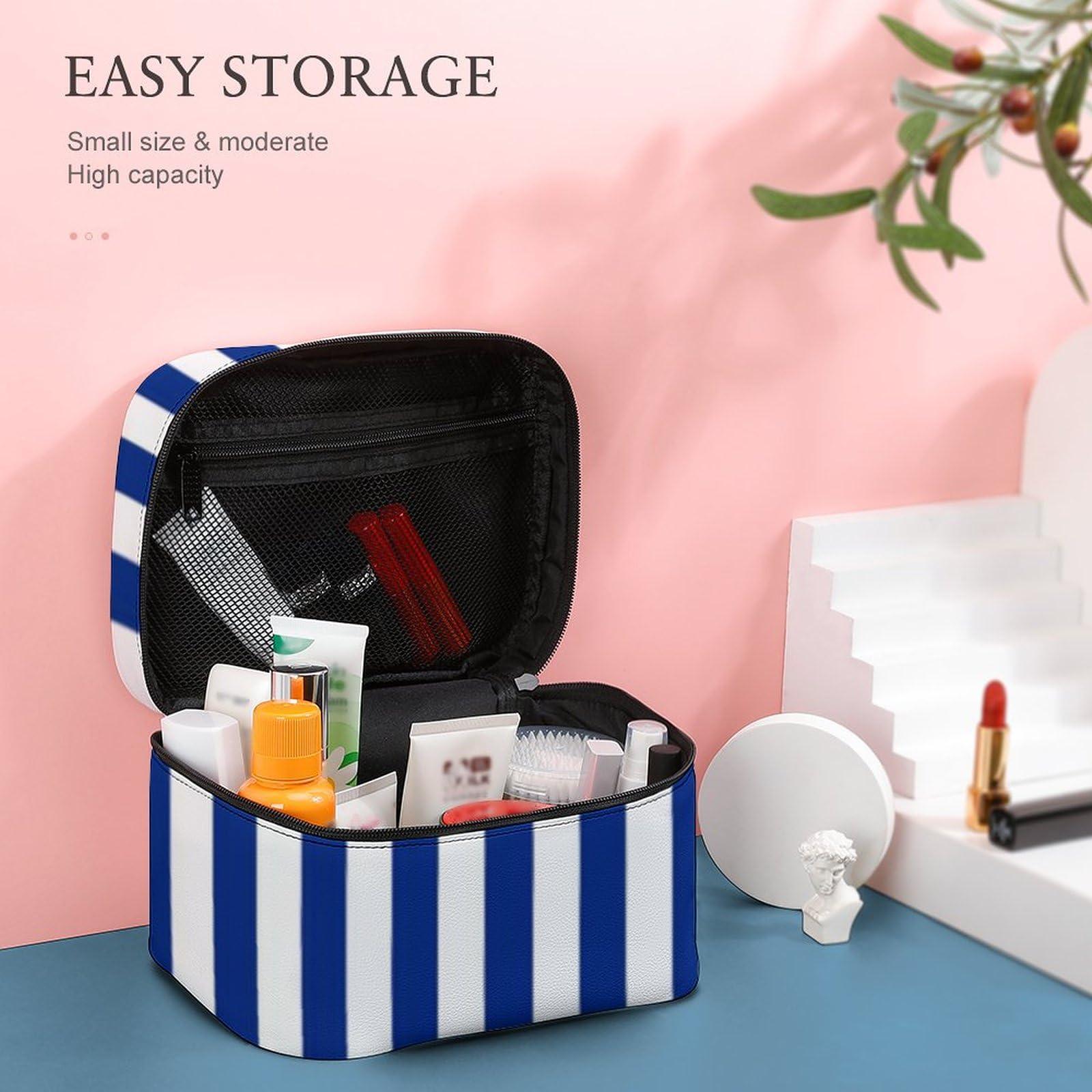 Nosarte Nautical Blue and White Anchor Striped Cosmetic Bag, Travel Portable Makeup Bag for Purse Pouch Beauty Zipper Organizer Toiletry Bag for Women