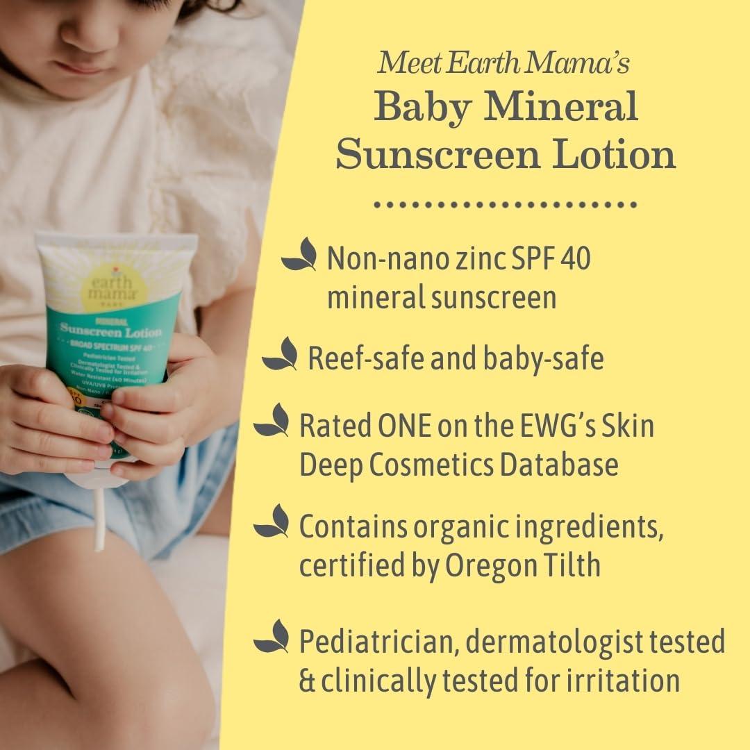 Earth Mama Earth Mama Baby Mineral Sunscreen Lotion SPF 40 | Reef Safe, Non-Nano Zinc, Natural Water Resistant Sun Cream for Babies, Kids & Adults, 3-Ounce (2-Pack)