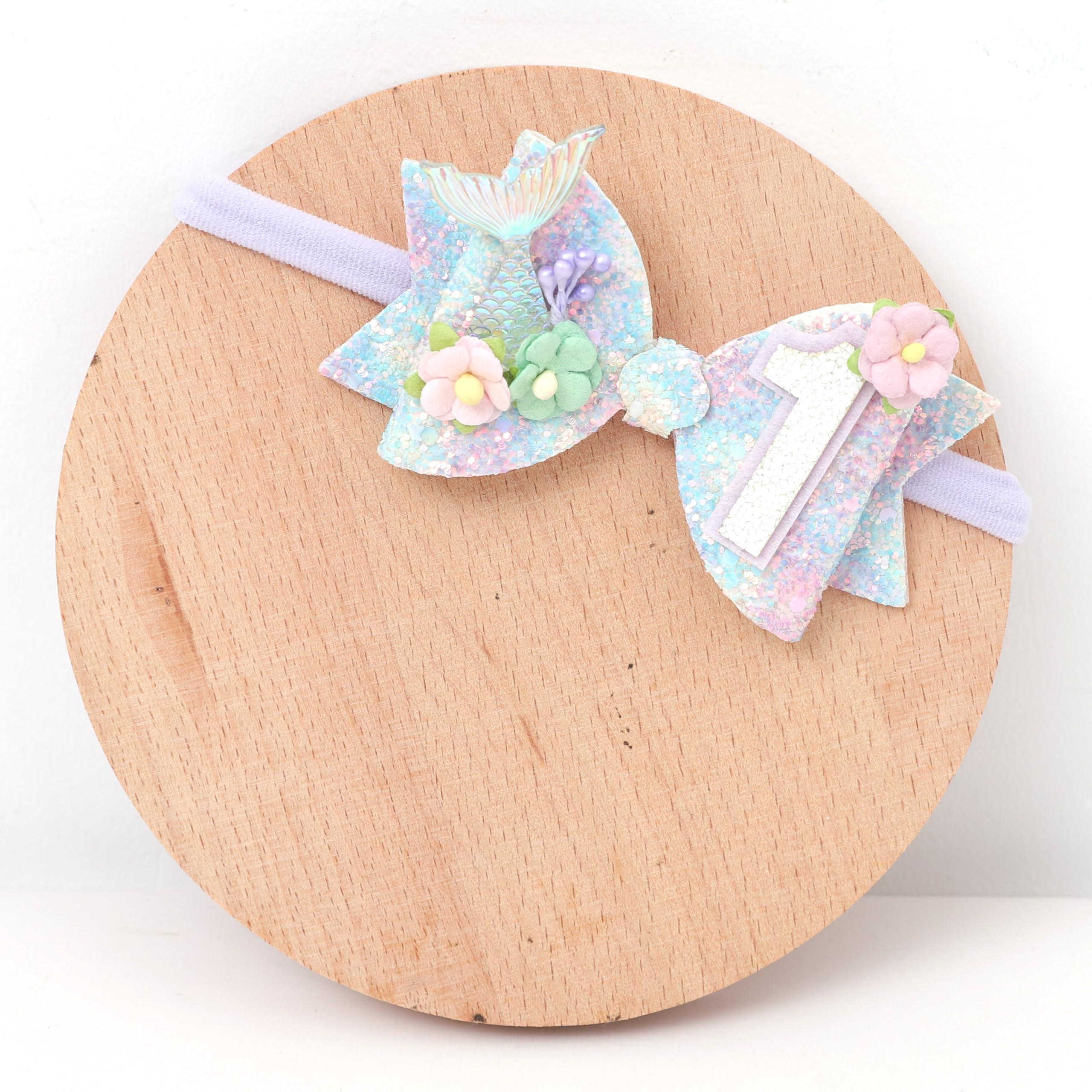 Jissoo Mermaid Birthday Hair Bow - Mermaid Birthday Decoration Hair Clips,Mermaid Hair Bow,Mermaid Bow For Girls,Cake Smash Prop ((1st))