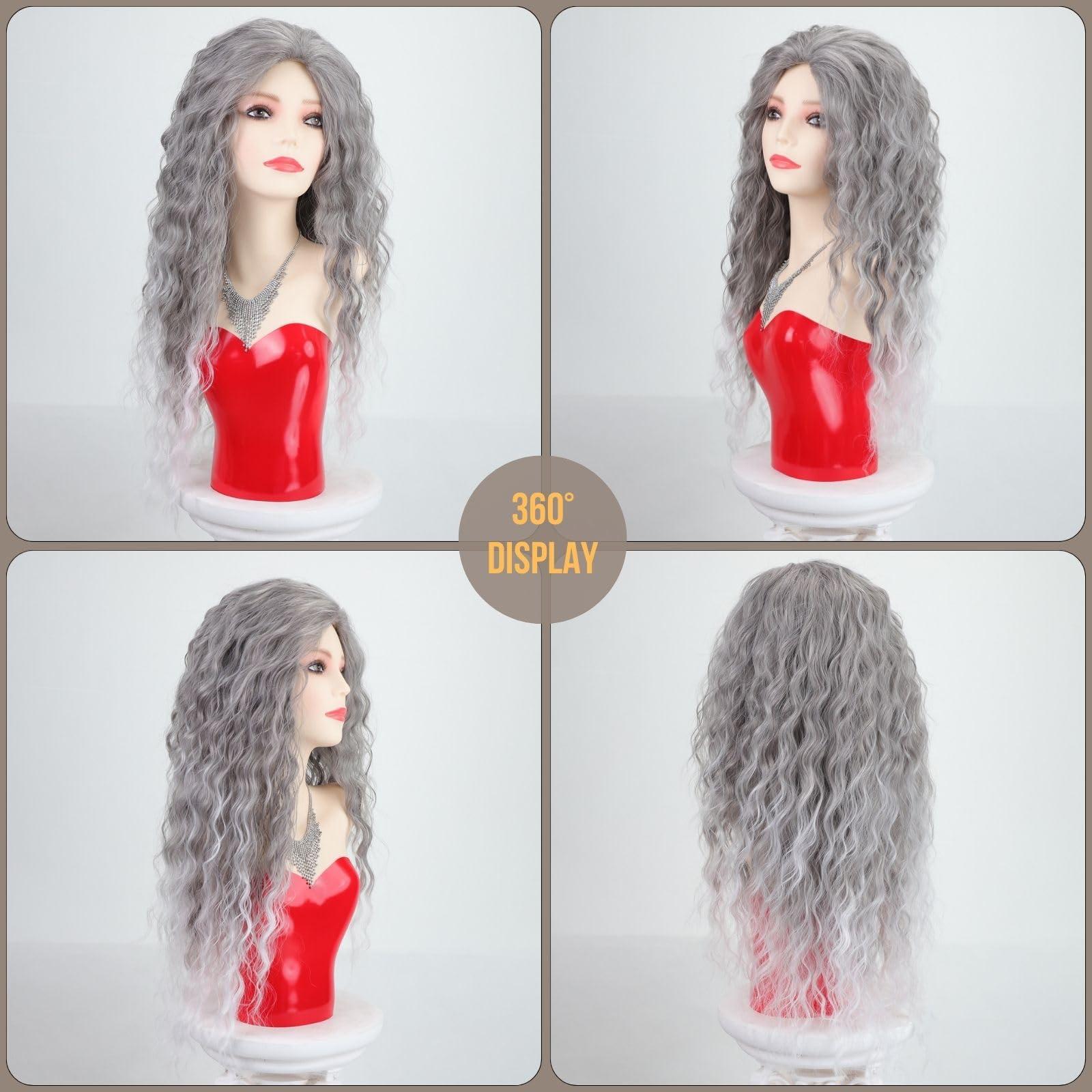 Fencca Fencca Grey Long Curly Wig Synthetic Mixed Gray Wave Curly Wigs for Women Free Part Full Curly Wig Layered Long Wavy Grey Wig