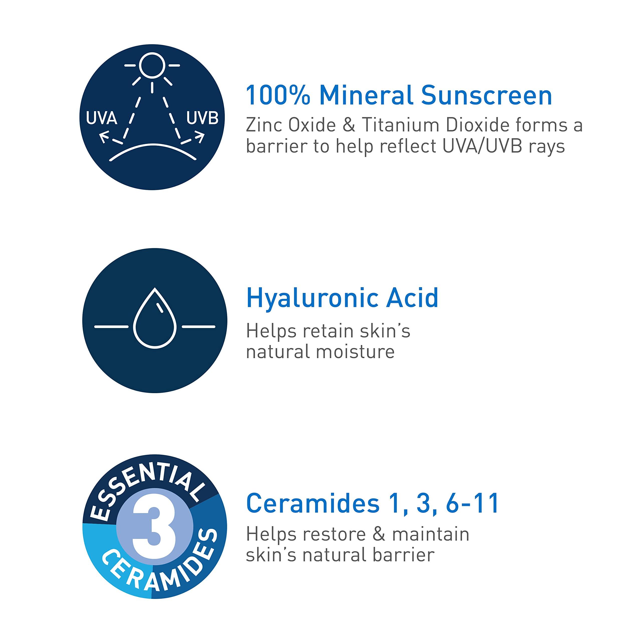 CeraVe CeraVe 100% Mineral Sunscreen SPF 50 with Zinc Oxide & Titanium Dioxide, Hyaluronic Acid & Ceramides, Oil Free & Non-Greasy, Hydrating Mineral Sunscreen For Body, 5 oz