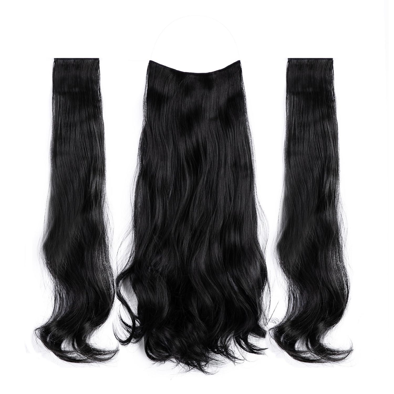 Daimeisy Upgrade Invisible Halo Hair Extensions with 3 PCS Set Headband Adjustable Long Wavy Secret Natual Black Wire Hair Extensions for Women