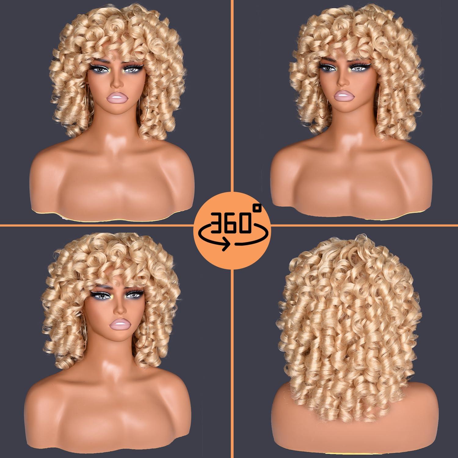CurlCOO CurlCOO Blonde Curly Wigs for Black Women Short Curly Wig with Bangs Soft Big Loose Cute Afro Kinky Curly Hair 14 Inch Synthetic Wig for Black Women(Blonde)