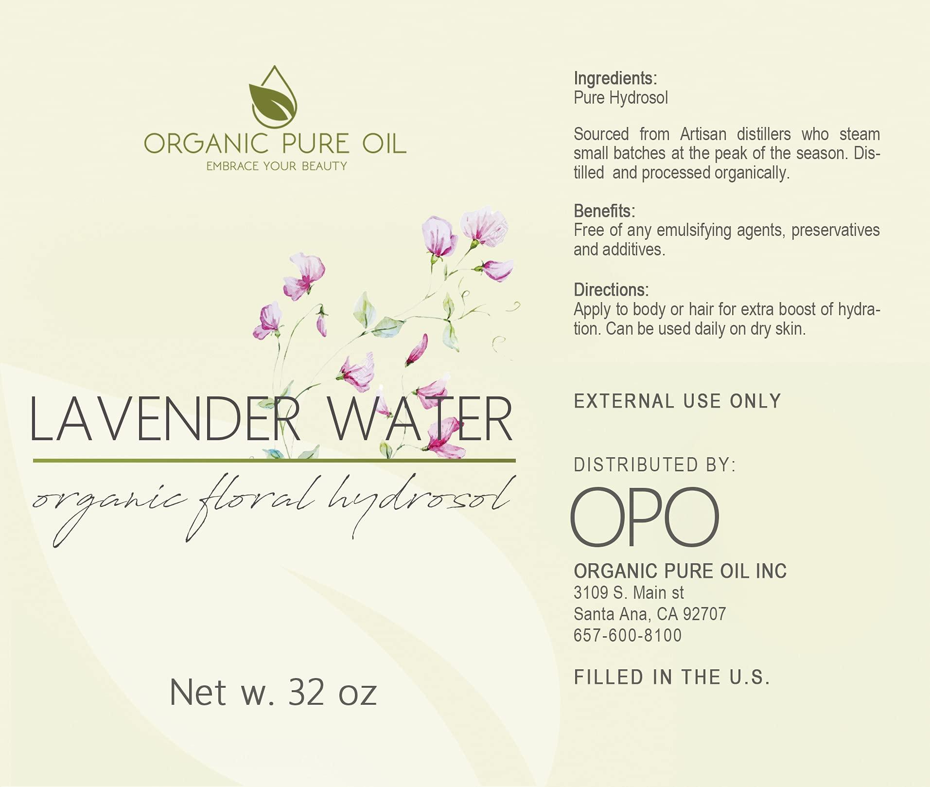 OPO Lavender Water Hydrosol - Pure Steam Distilled Natural Non GMO Calming Bulk Body, Face, Facial Toner, Aromatherapy, Set Makeup, Cleanser Mist Spritz - 32oz - OPO