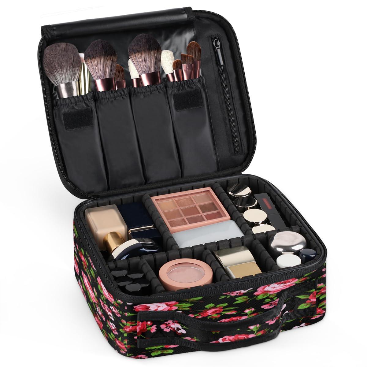 QsirBC QsirBC Makeup Train Case with Adjustable Dividers, Portable Make Up Bag for Women, Toiletry Bag for Men with Waterproof Brush Cover, Cartoon Rose Travel Makeup Organizer Makeup Box