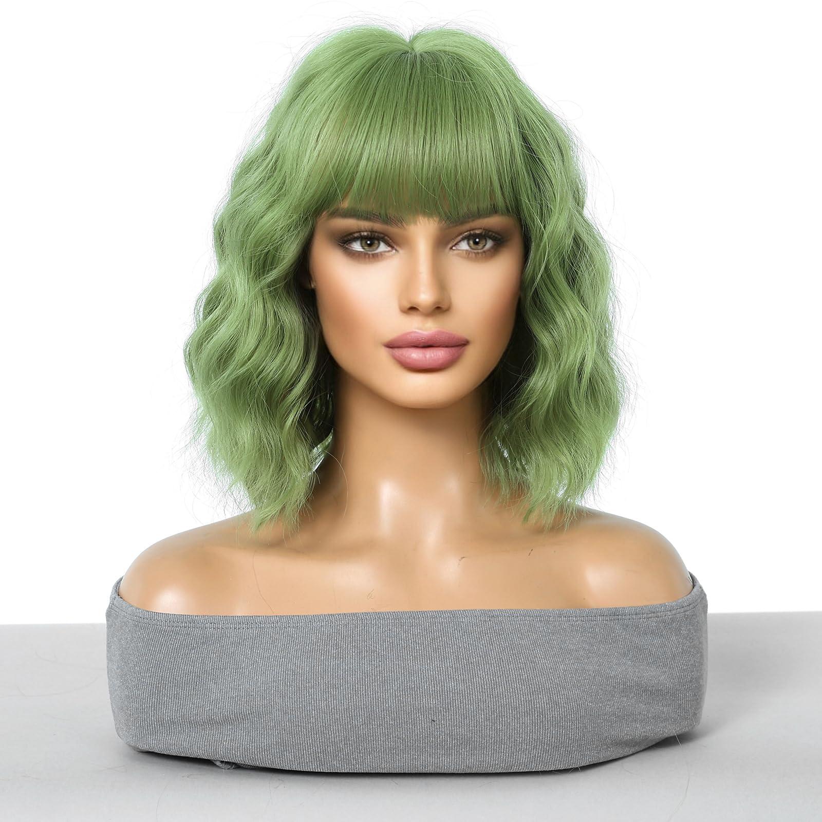 incohair incohair Green Wigs matcha green Wig with Bangs Women Girls Short Curly Wavy Bob Wig Shoulder Synthetic Party Wigs Wig Cap Included (matcha green)