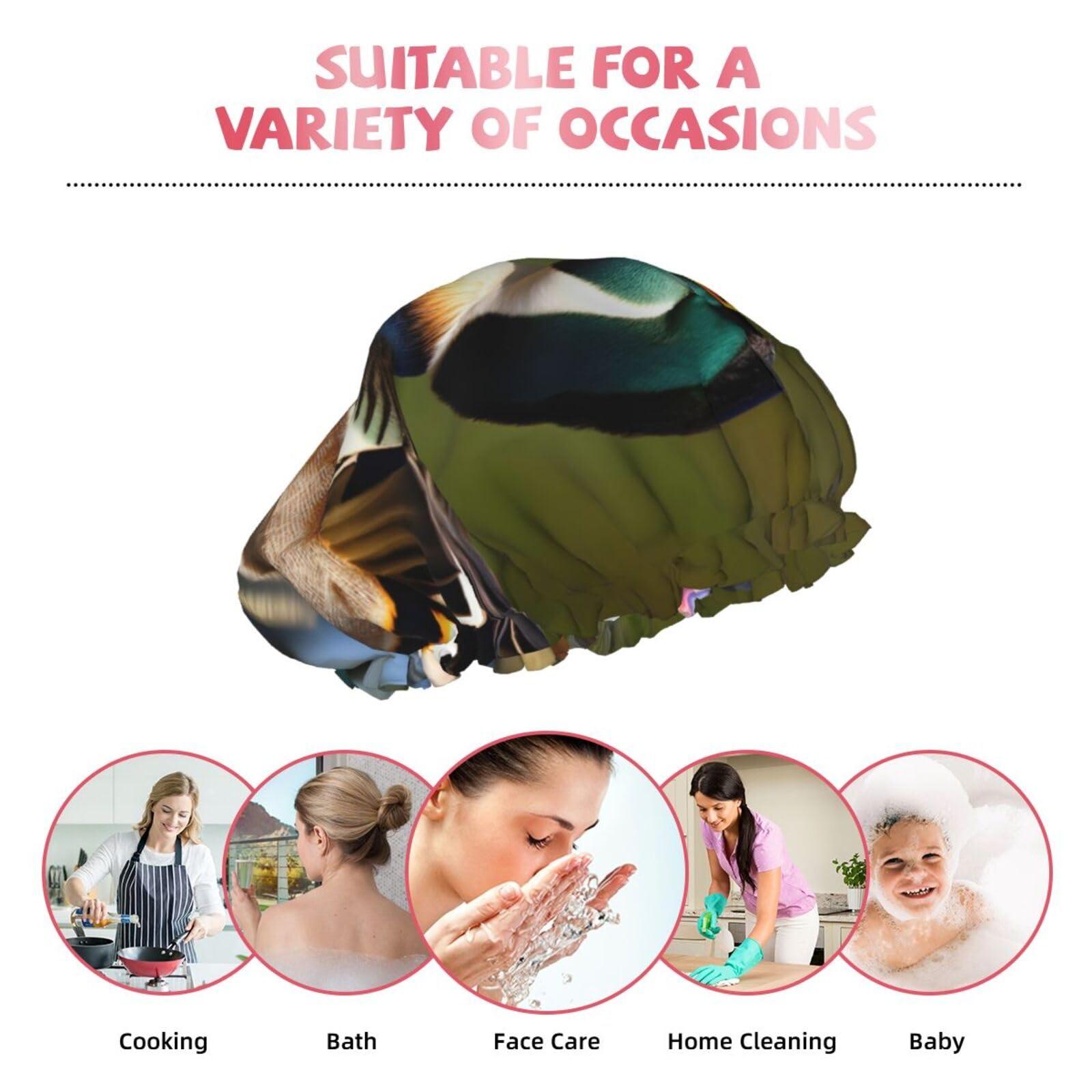 FRGMNT two mallard ducks Print Reusable Shower Cap for Women,Double Waterproof Layers Bathing Hat,Quick Drying Bath Hair Cap