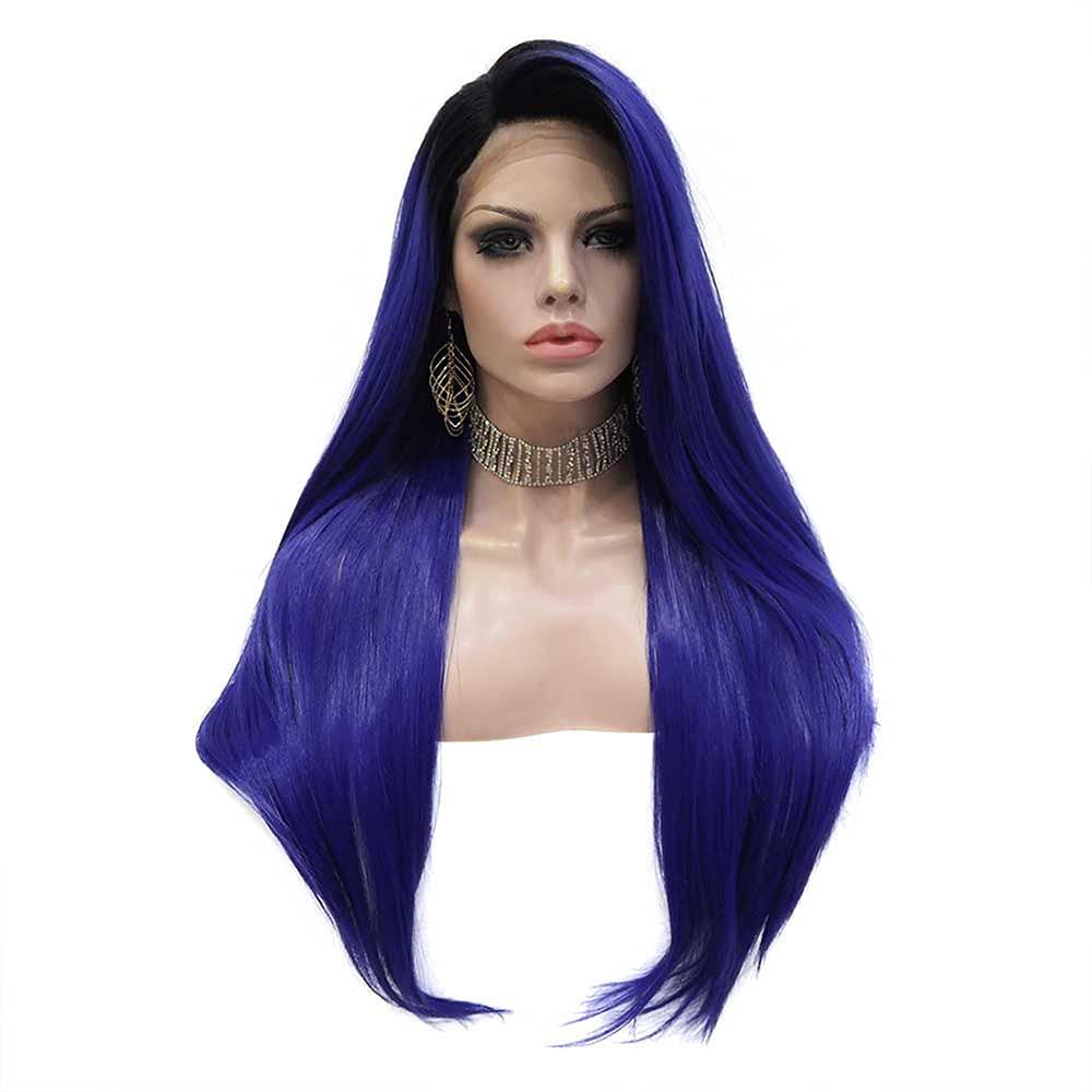 PAYNAN Blue Lace Wig Synthetic Lace Front Wigs Straight Hair Black Root Heat Resistant Fiber Wig
