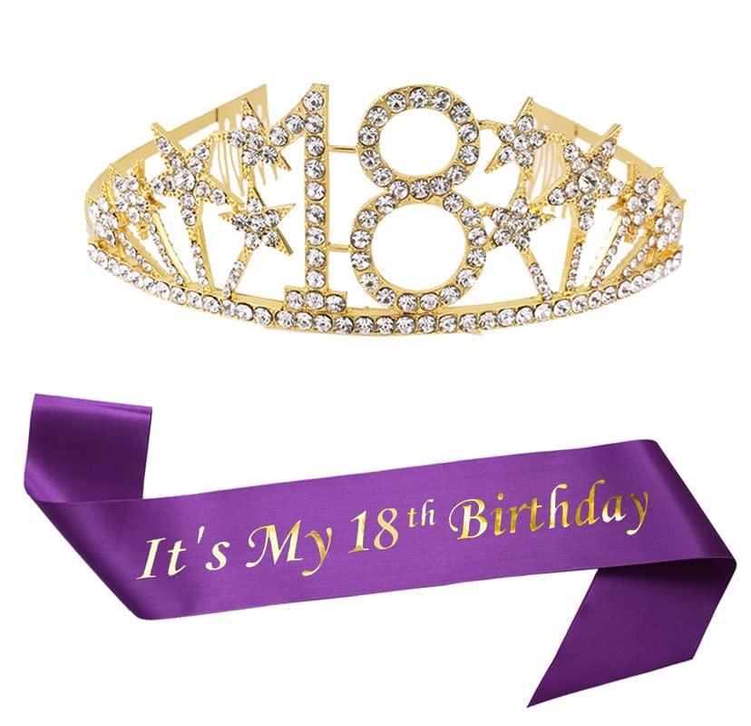 Mayin Happy 18th Birthday Tiara and Sash Gifts Crystal Rhinestone Princess Crown Birthday Girl Party Favor Supplies Gold Crowns Purple Sash