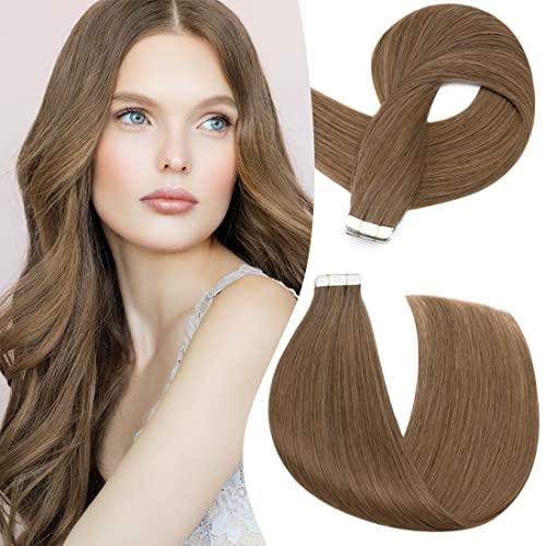 S-noilite S-noilite Rooted Tape in Human Hair Extension for Women Glue in Remy Human Hair Piece Seamless Skin Weft Invisible Double Tape Full Head Straight 40 Pcs 100 Gram 18Inch #06 Light Brown