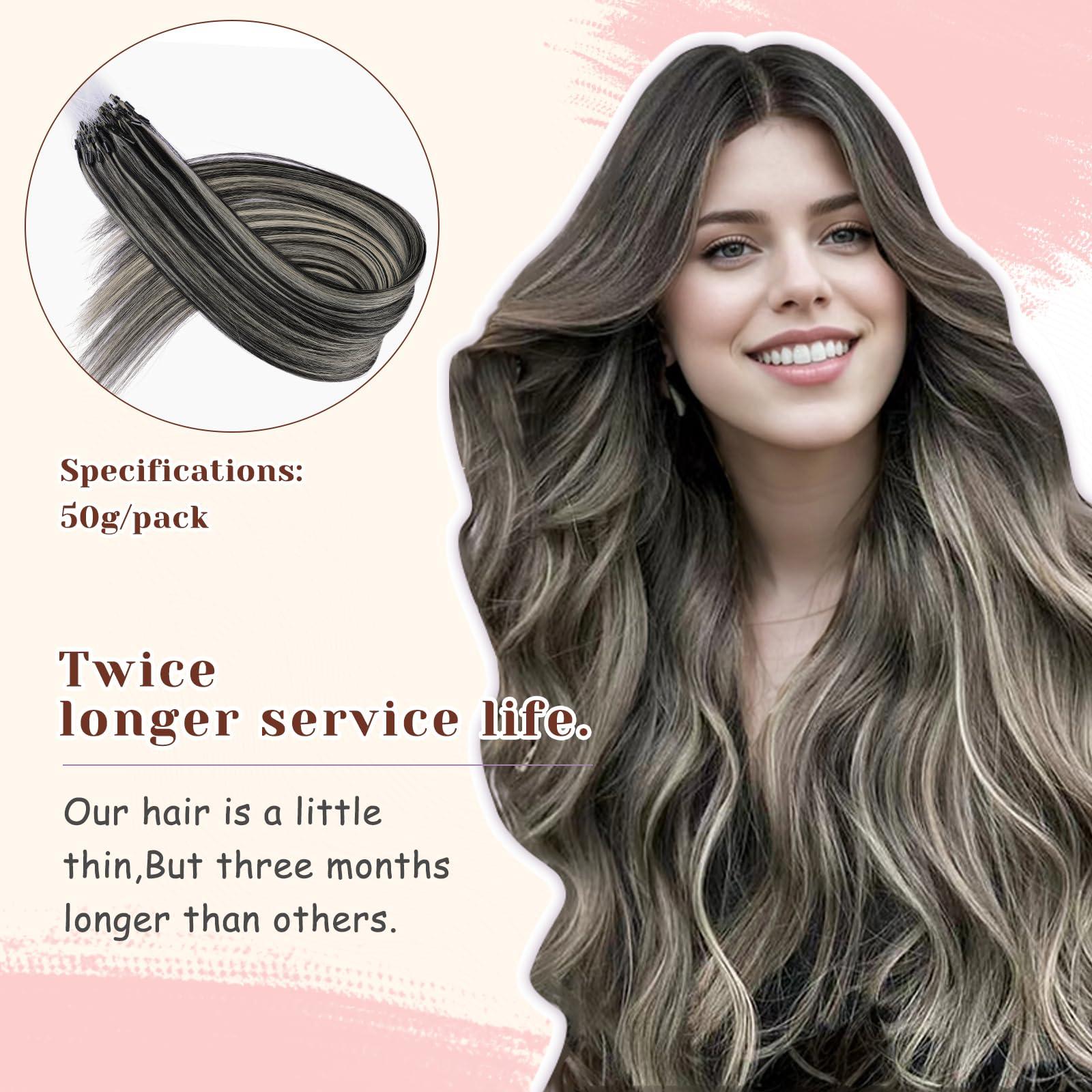 KiiKiiGirl KiiKiiGirl Micro Link Virgin Remy Hair Extensions Human Hair 16inch Microlink Beads Hair Extensions Human Hair Micro Loop Hair Extensions Real Human Hair #1B/Silver Natural Black to Silver 50G/Pack