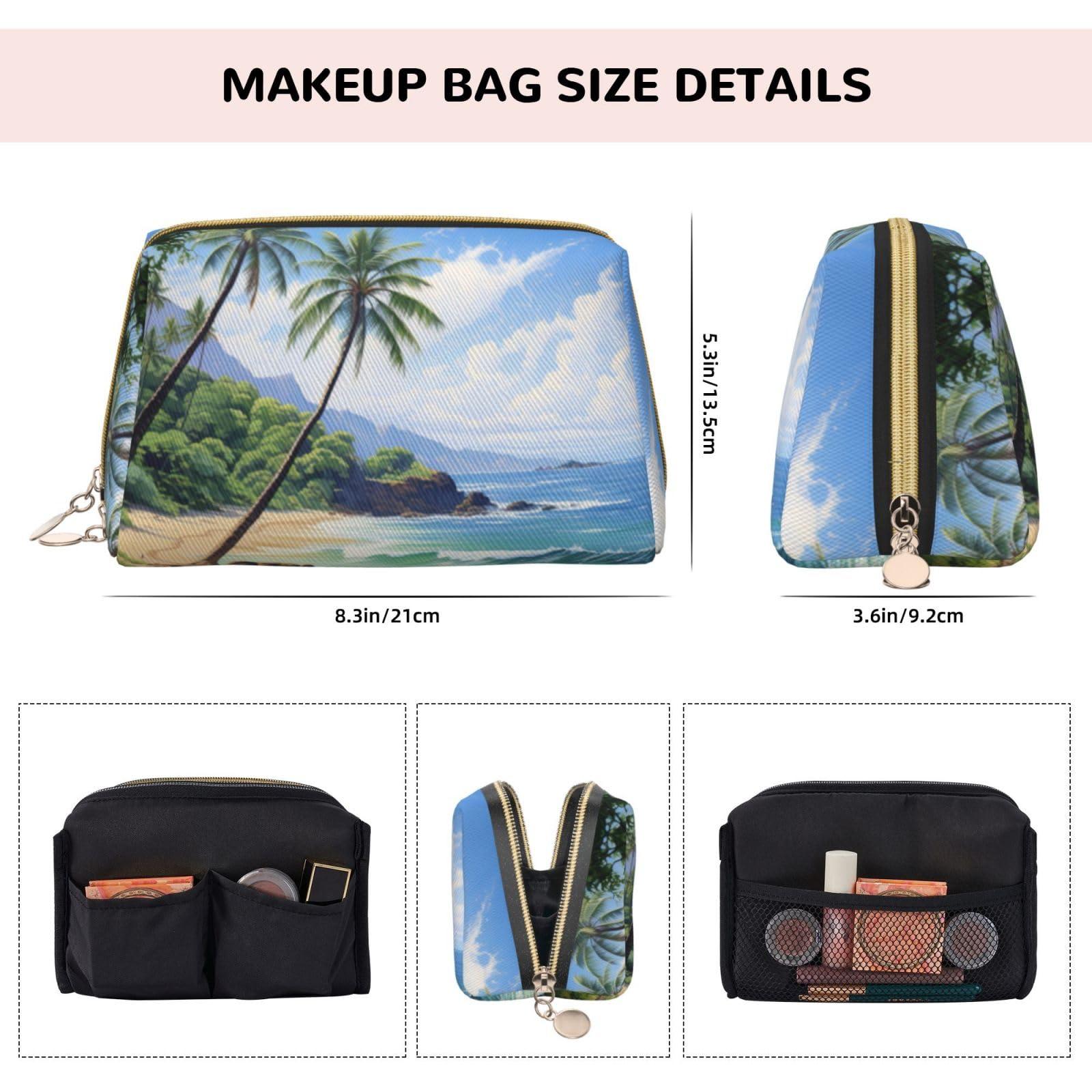BREAUX BREAUX Hawaiian Beach With Palm Trees Print Organizer, Leather Clutch Zipper Cosmetic Bag, Portable Cosmetic Bag (Large)