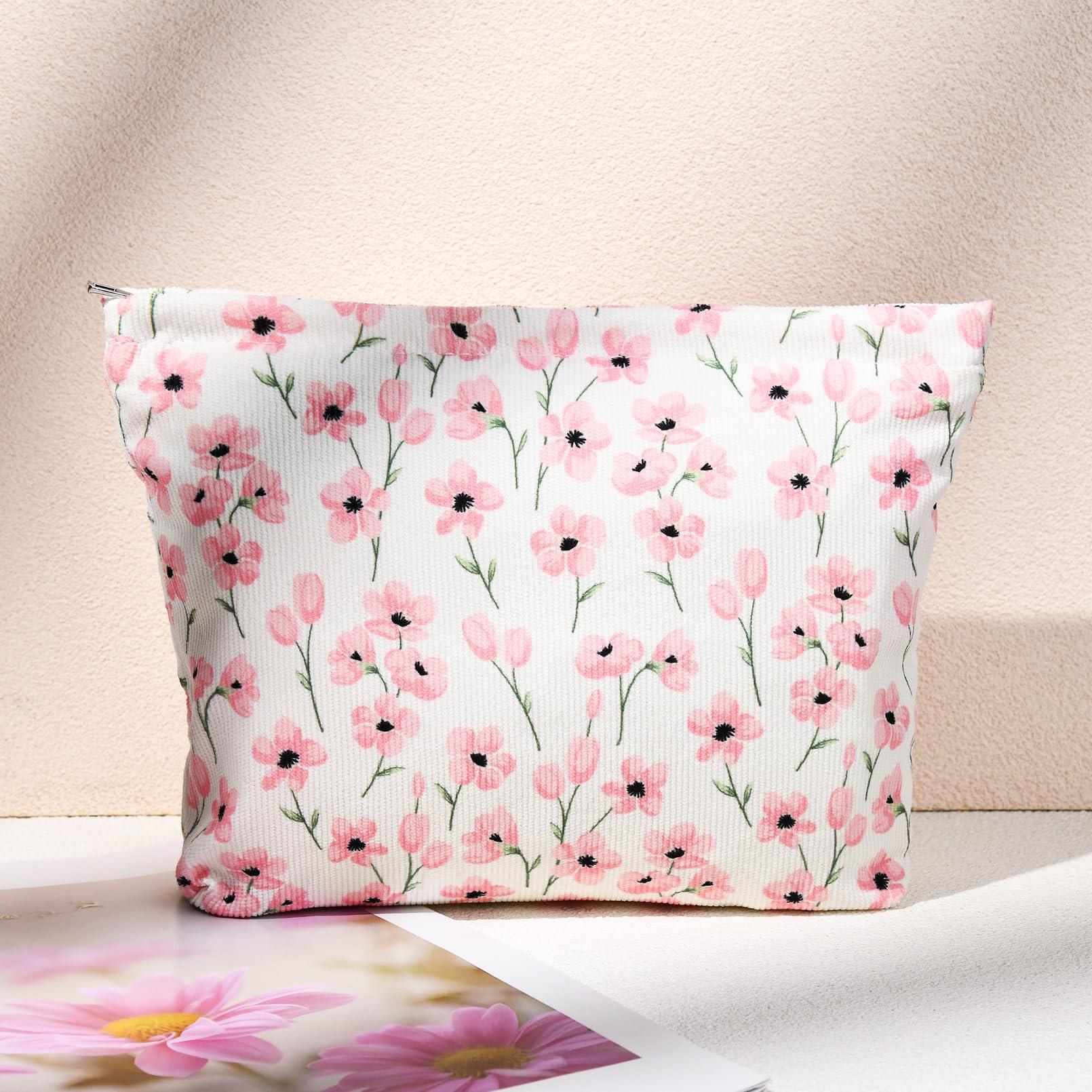 SOIDRAM SOIDRAM 2 Pieces Flower Makeup Bag Large Floral Cosmetic Bag Capacity Canvas Mix Travel Toiletry Bag Organizer Cute Makeup Brushes Aesthetic Accessories Storage Bag for Women, Flower Mix Pink