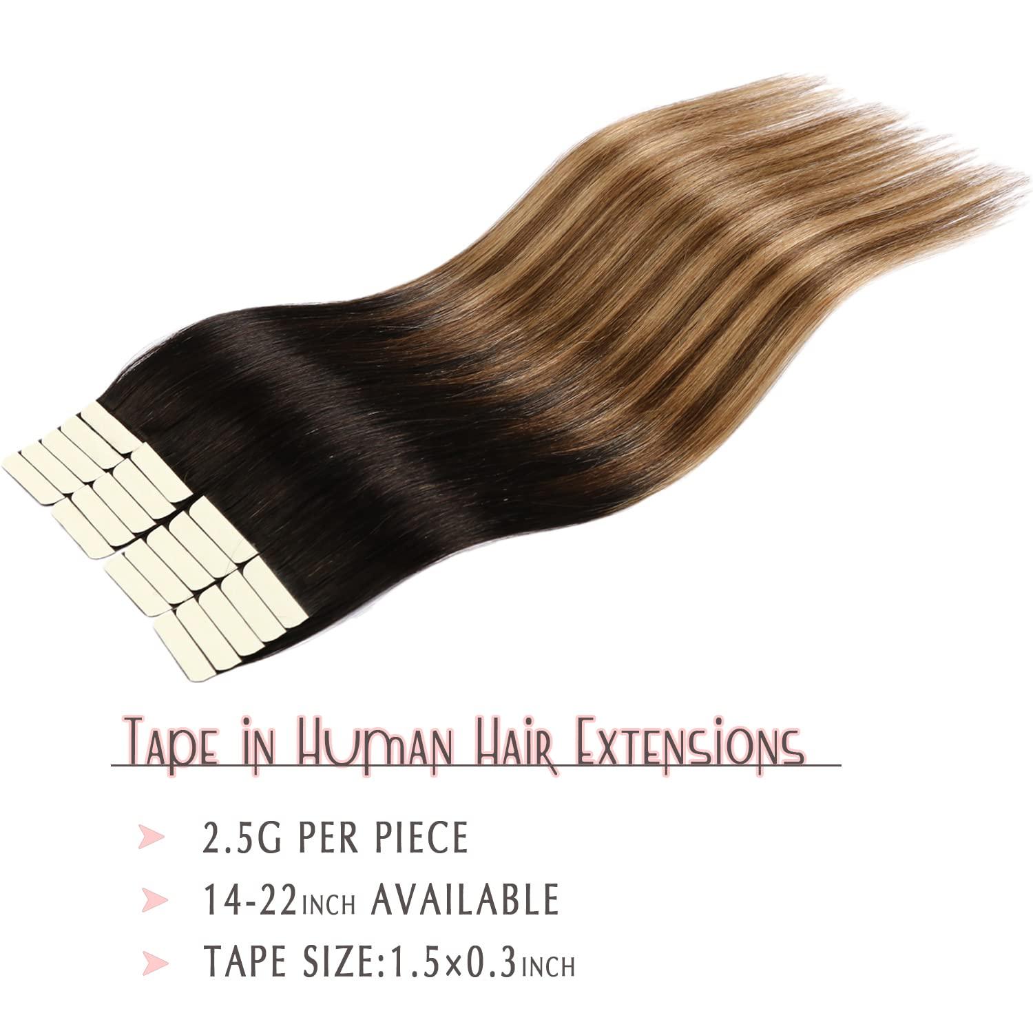 SURNEL SURNEL Tape in Hair Extensions Human Hair 16 inch Tape in Hair Extensions Color 1B Fading to 4 Brown Highlighted 27 Blonde Tape Hair Extensions 20 pcs 50g(#1B/4/27-16)