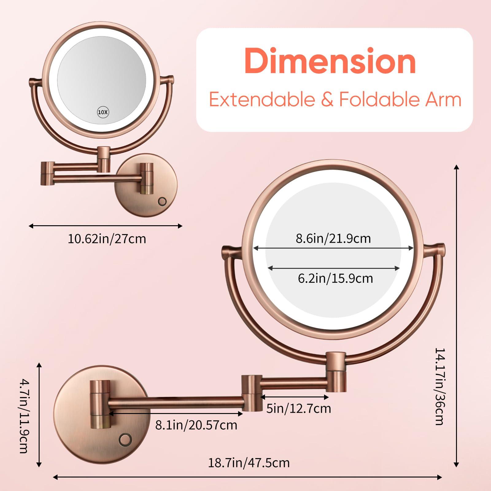 GURUN GURUN Wall Mounted Hardwired Makeup Mirror with 3 Tones Dimmable LED Lights 10x Magnifying Mirror with Touch Control for Bathroom Bedroom 13\" Extendable Arm M1809DB-9x10MR-T(10x,Matte Rose Gold)