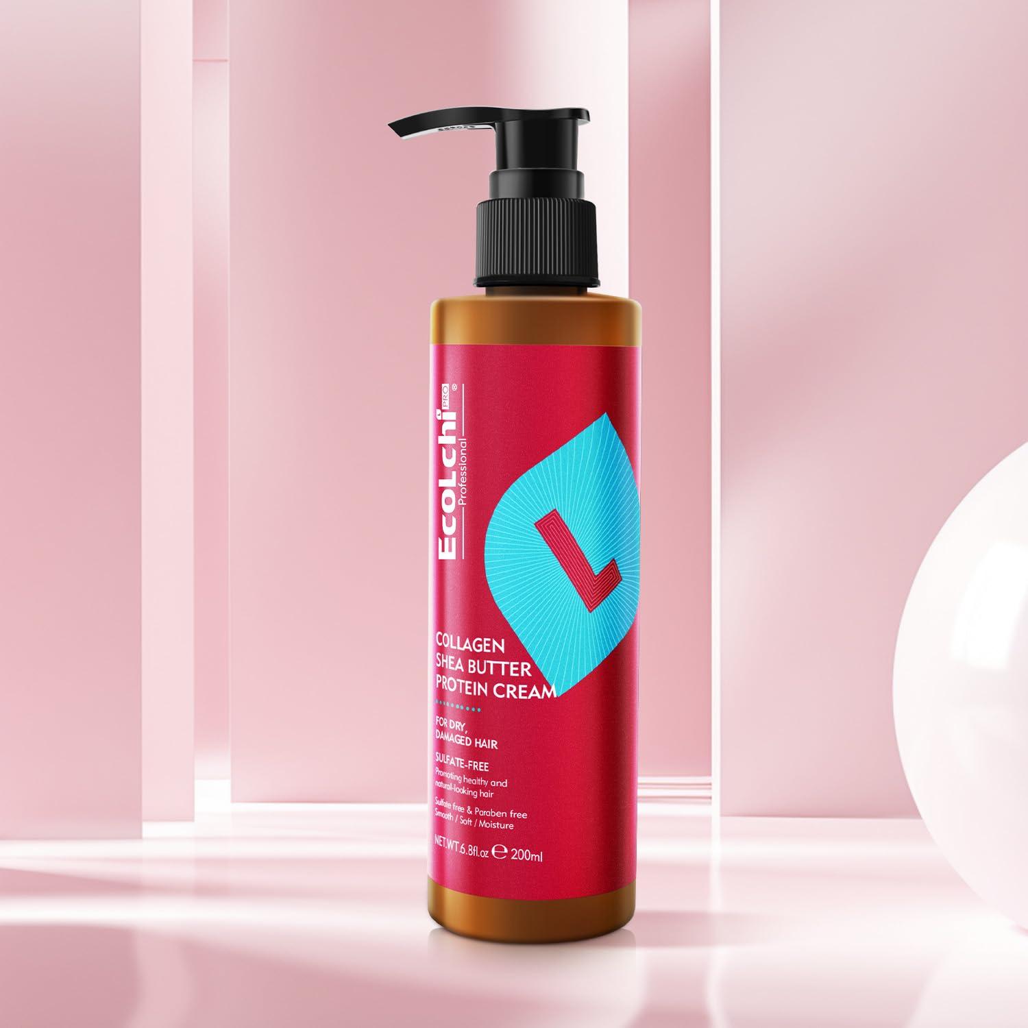 ECOLCHIPRO ECOLCHIPRO Ecolchi Collagen Leave-In Conditioner Cream Deep Restores Shea Butter Protein Cream Hair Treatment Smooth Glossy for Dry and Damaged All Hair Types 200ml 6.8 fl.oz