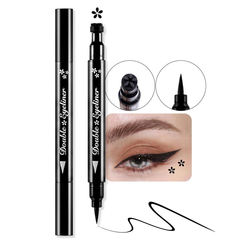 BINGBRUSH BINGBRUSH Double-head Liquid Stamp Eyeliner Pencil, Colors Flowers Heart Moon Star Shapes Face Stamps Makeup Colorful Waterproof Slim Gel Felt Tip High Pigment Liquid Eyeliner (03#Flower&Black)