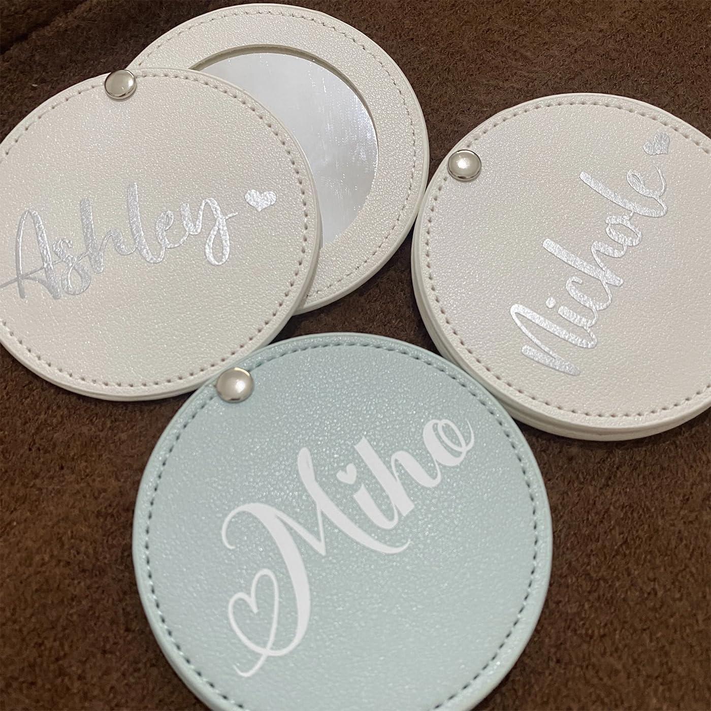 KRUIJHEU Personalized Leather Pocket Mirror Mini Travel Handheld Portable Makeup Mirrors Wedding Bridesmaid Gift for Her Name Engraved (20Pcs)