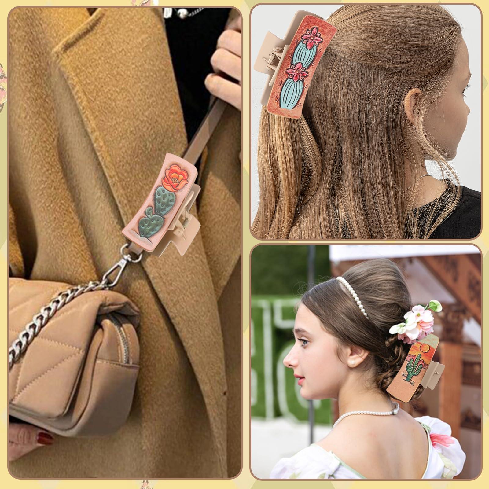 FALERII Cactus Leather Western Claw Hair Clips, 3PCS Thick Hair Clips for Women
