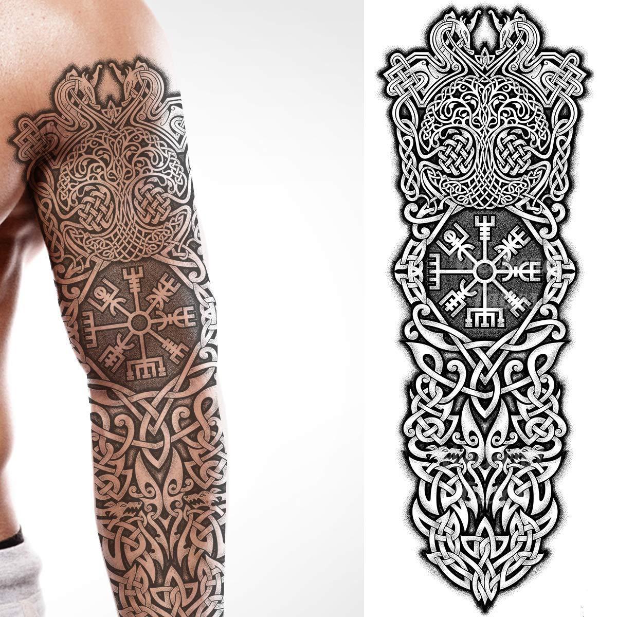 Tatodays Tatodays temporary tattoo full arm stick on body art viking icelandic medieval celtic transfer for women and men cosplay halloween adult aegishjalmur temp tattoo tree of life wolfs fancy dress