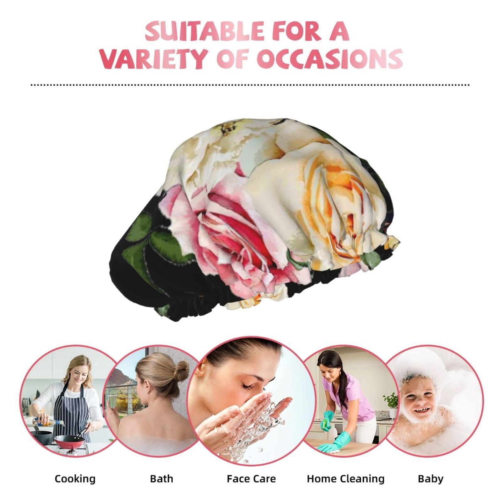 WURTON WURTON Cream Shabby Rose Flower Print Soft Shower Cap for Women, Reusable Environmental Protection Hair Bath Caps