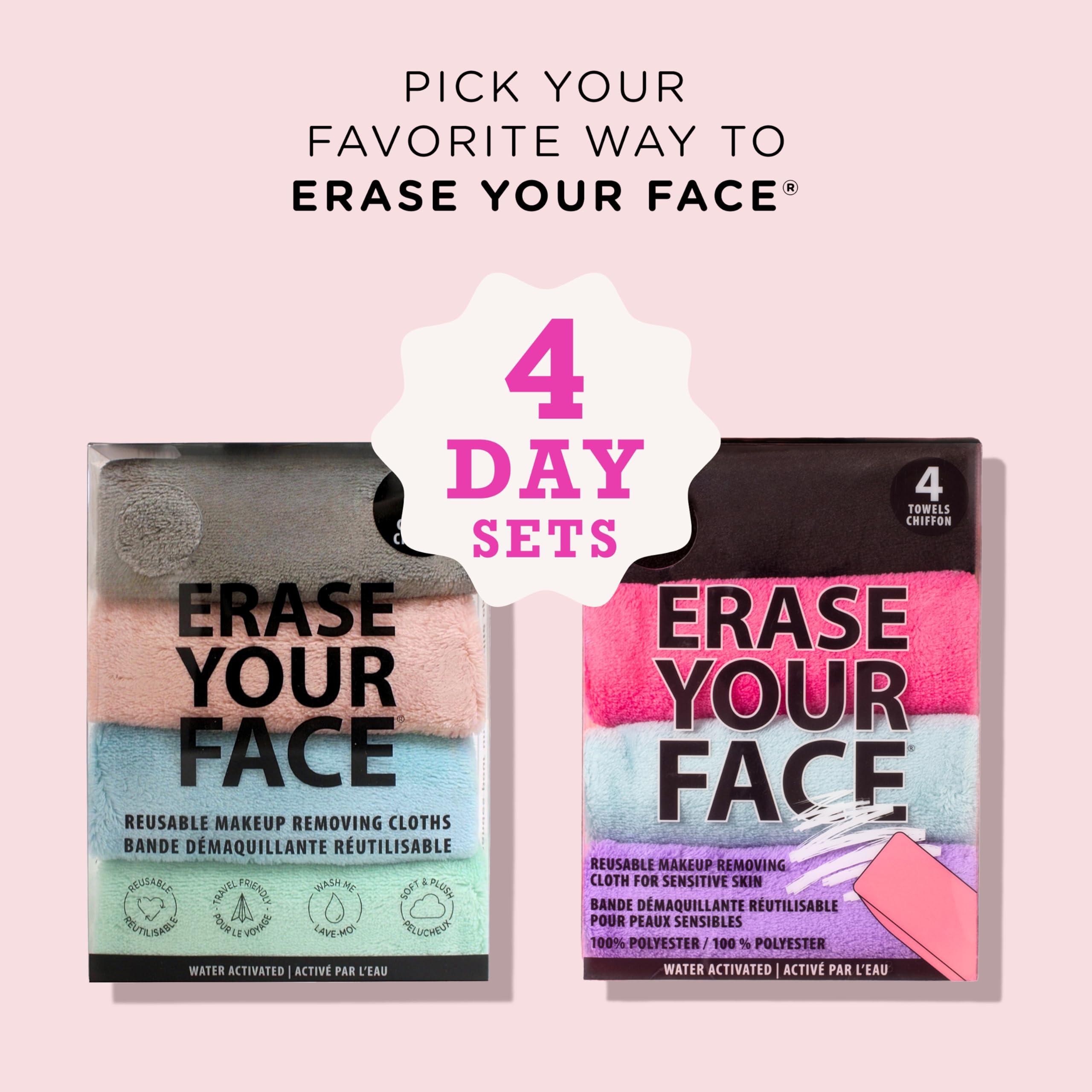 ERASE YOUR FACE ERASE YOUR FACE Makeup Remover Cloths - Reusable Microfiber Face Towels to Cleanse & Remove Makeup - Water Activated, Dual-Sided Design for Easy Use (4 Count)