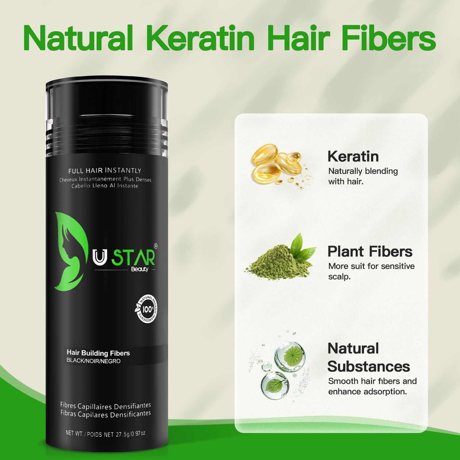 USTAR Hair Building Fibers Set, USTAR 5 in 1 Hair Fibers for Thinning Hair and Hair Fiber Spray, Natural Hair Filler Instantly Conceals Hair Loss, Hair Powder for Women & Men 27.5g (Black)