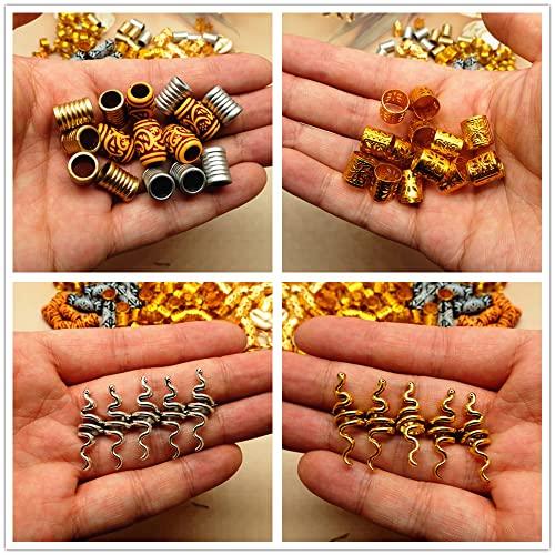 Glamer 150 Pieces Dreadlocks Loc Hair Jewelry for Women Braids Hair, Wood-Like Tube & Beads for Braiding Hair, Gold Hair Rings for Braids, Cute Hair Accessories Metal Snake