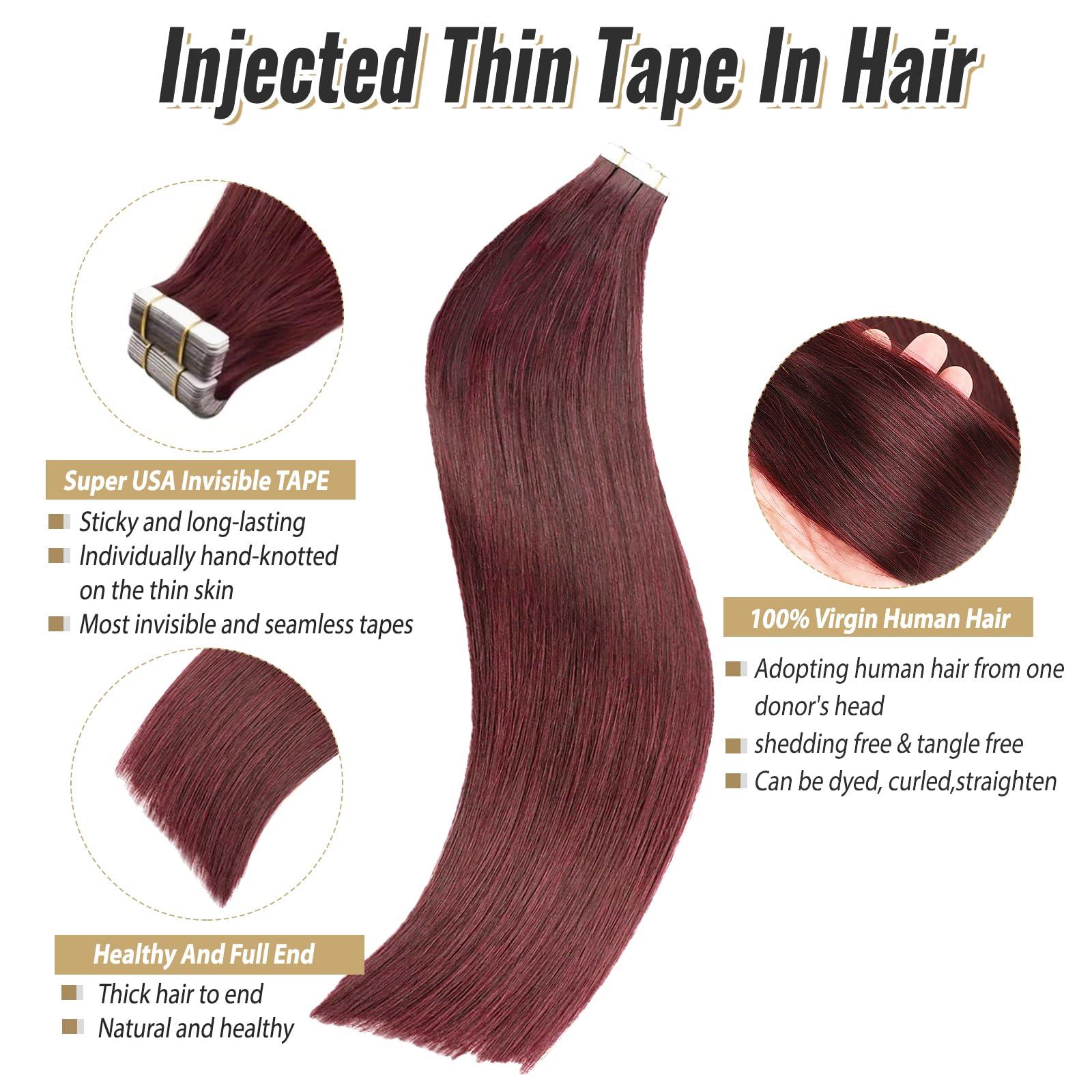 Munx Wine Red Tape in Hair Extensions Human Hair Invisible Hair Extensions Tape in Burgundy Tape in Extensions Real Hair Seamless Tape in Human Hair Extensions 22 Inch #99J 20pcs 60g