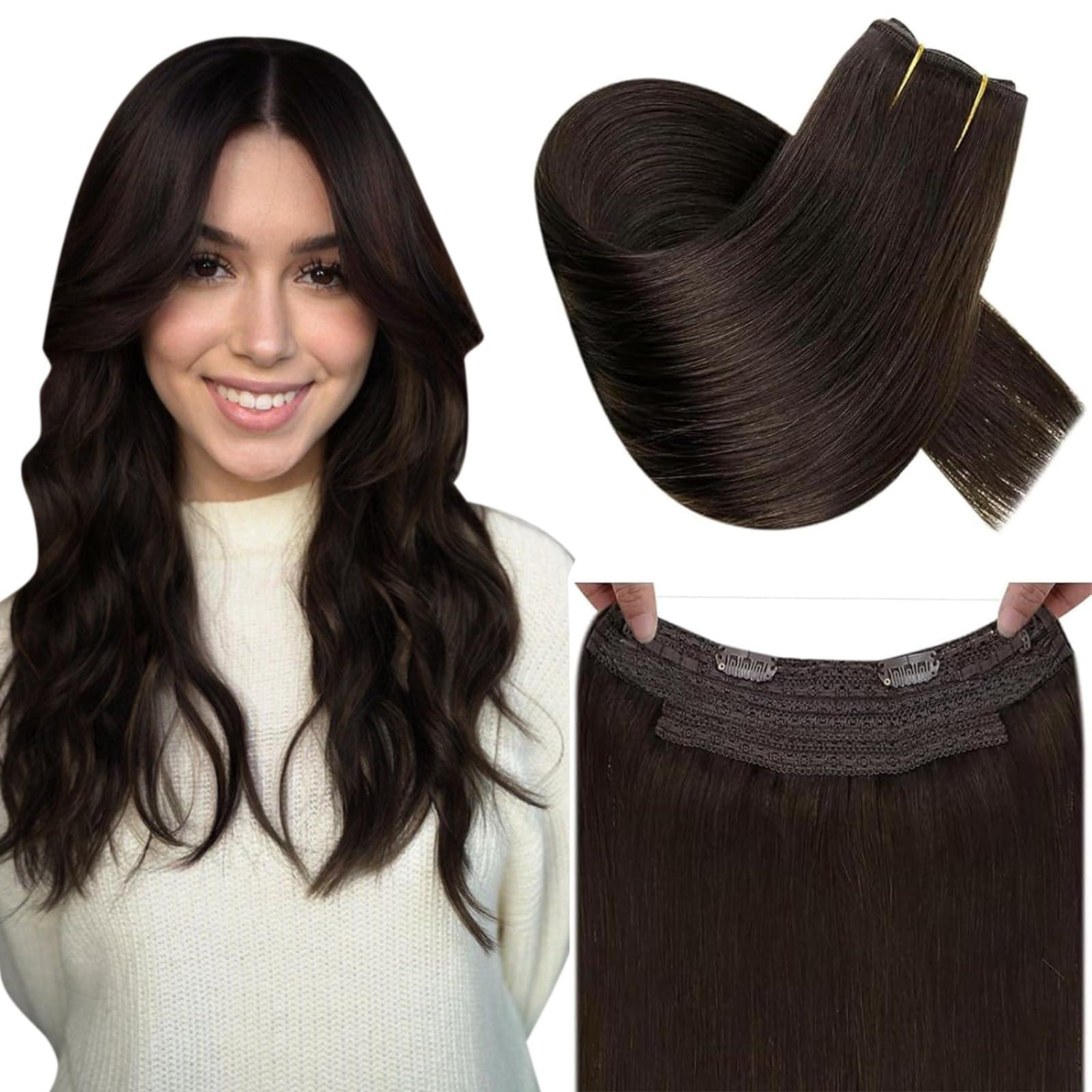 RUNATURE RUNATURE Invisible Wire Hair Extensions Real Human Hair Dark Brown Hair Extensions Clip in One Piece Extensions Soft Remy Natural Hair Straight Fish Line Extensions 14 Inch 70g