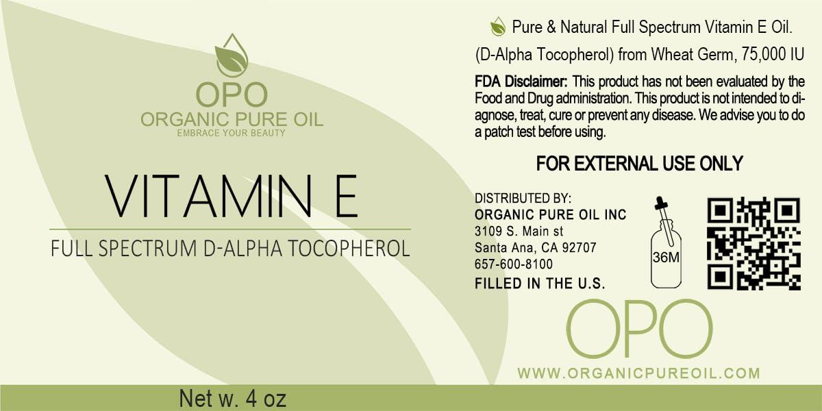 OPO OPO Vitamin E Oil - 100% Pure Full Spectrum D-Alpha Tocopherol 75,000 IU, Derived from Wheat Germ, Soy-Free for Hair Skin Face Body Nails Cuticles Antioxidant, 4 oz (Glass & Dropper)