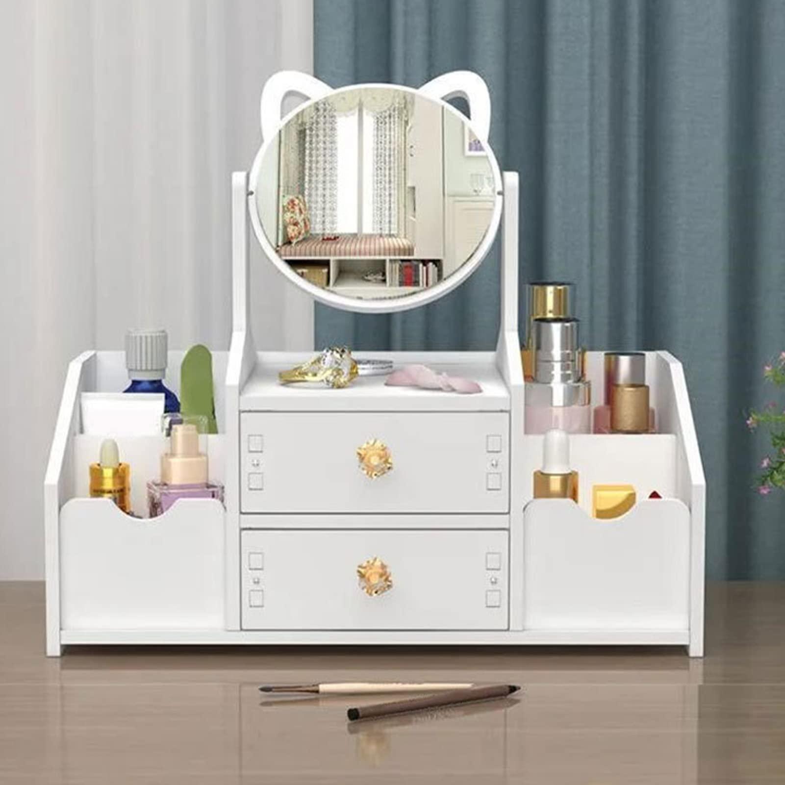 Cyrank Drawer Makeup Organizer for Vanity, Large Capacity Cosmetic Makeup Drawer Organizer White Cosmetic Storage Drawer Desktop Makeup Container with Mirror