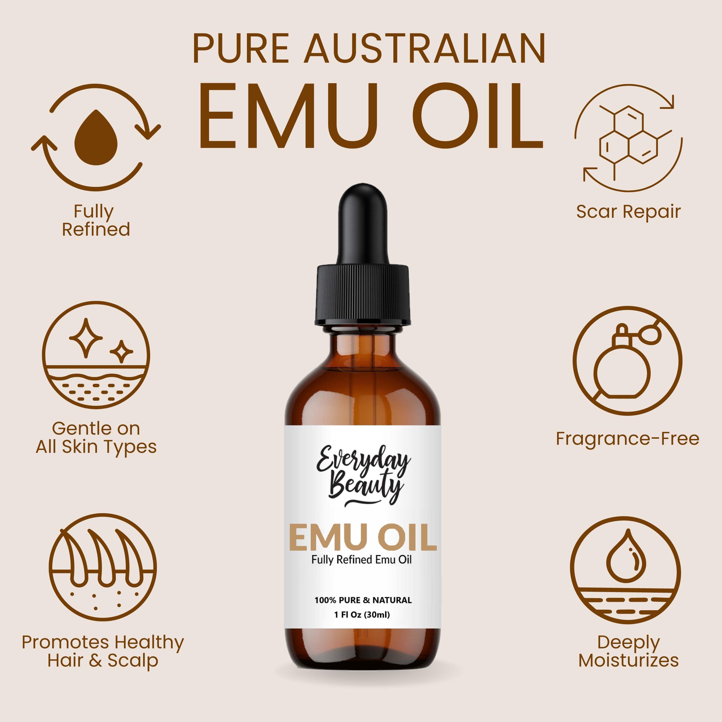 Everyday Beauty Helping You Feel Beautiful Ins Pure Australian Emu Oil - All Natural 6X Refined for Face, Skin and Hair - Highly Effective Hydration for Sensitive Skin & Hair Growth Perfect for Scars & Blemishes - 1 Fl Oz Glass Bottle & Dropper