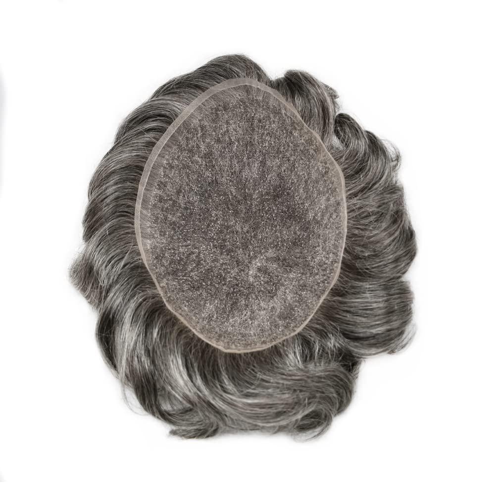 Hair Wonders Toupee For Men Real Human Hair Mens Toupee Hair Replacement System Swiss Lace Hair Piece For Men Hair System6x9\"-100% light to medium density#1B60 1B# OFF BLACK+60% GREY
