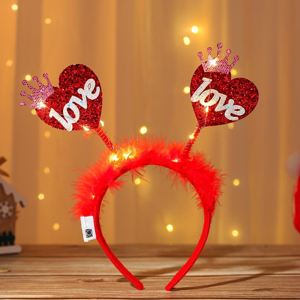 Fdesigner Fdesigner Heart Headband Red Light Up Valentine Hair Band Love Feather Hair Hoop Women Cute Heaadpiece Sequins Party Hair Accessories Costume Holiday Gift (Cute)