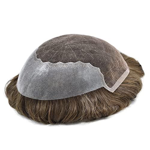 Generic Lace Front Toupee For Men Swiss Lace Front With Poly Skin Hair Pieces For Men Human Hair Wigs All Hand Tied Bleached Knots Natural Looking Lace Front Mens Toupee Mixed Gray Hair Units For Men US Stock. (7X9\"-100% Light to medium Density, 510# Medium