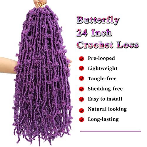Duoduo Beauty Butterfly Locs Crochet Hair 24 Inch Purple Pre Looped Distressed Butterfly Locs Crochet Braids Soft Messy Butterfly Locs Crochet Hair Faux Locs Crochet Hair Extensions 6Packs (24Inch, MPurple)