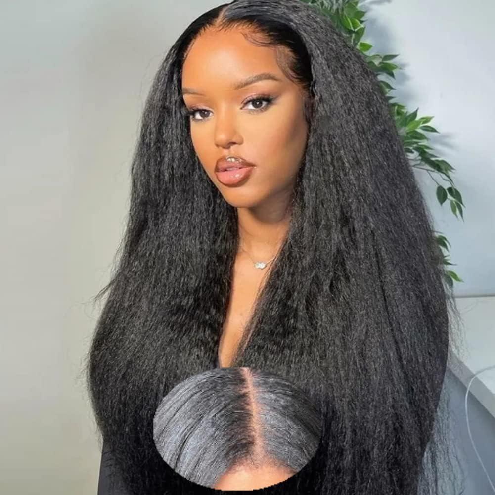 Julia Hair Julia Hair V Part Human Hair Wig Kinky Straight for Women Glueless Wigs Brazilian Virgin Human Hair Wigs Upgrade Upart Wig No Leave Out No Glue No Sew Natural Black Beginner Friendly 16 Inch
