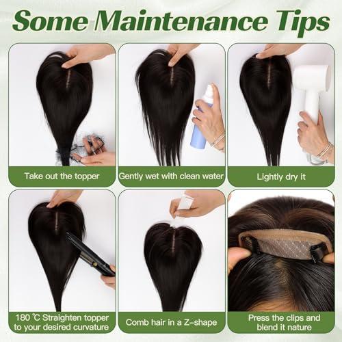starluck starluck Hair Toppers for Women 100% Real Human Hair, 12 Inch Black Brown No Bangs, Pure Hand-Tied Silk Base with 3 Clips in Wiglets Toppers,Human Hair Toppers for Women with Thinning Hair